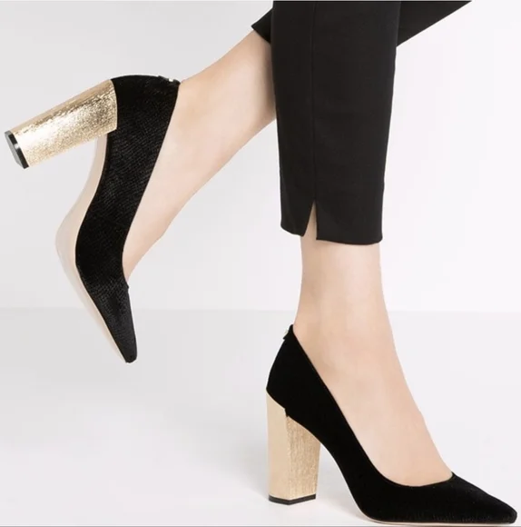 Calvin Klein | High Heel Shoes Womens Navy Velvet Gold Block Heel Pumps Neema - Picture 2 of 7